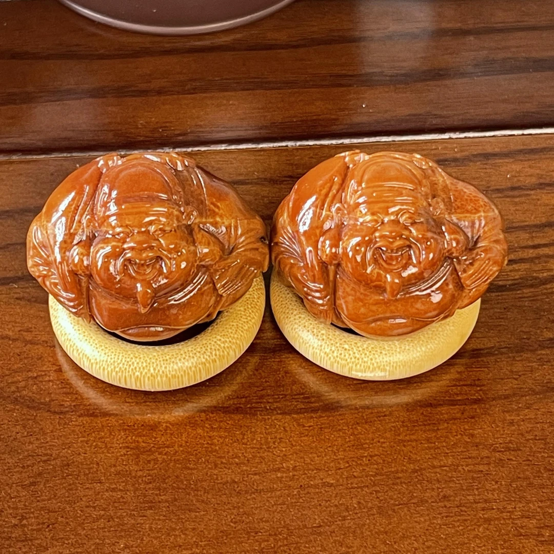 文玩好物天然印尼橄榄核雕刻 3.3左右横财神手球一对 佩戴