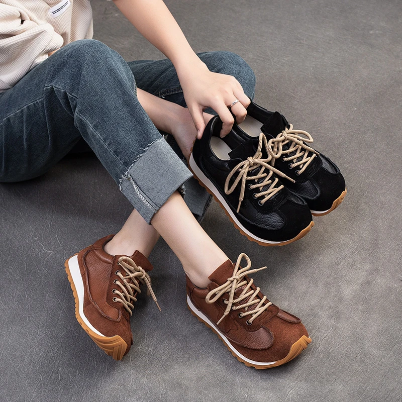 【恩祈新款】2024秋冬新款复古风休闲舒适德训头层牛皮百搭小众女鞋