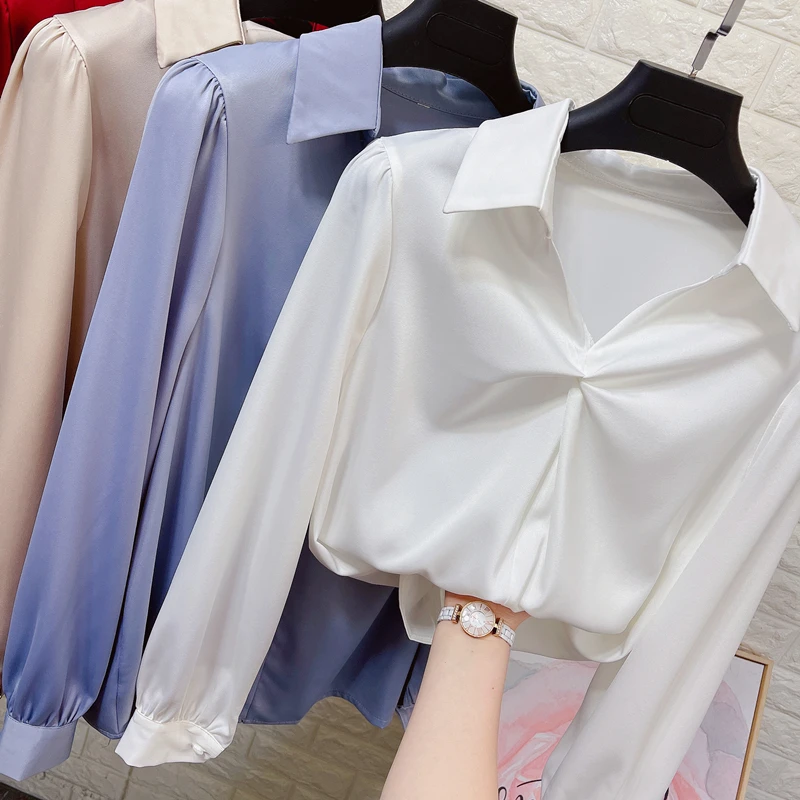设计感小众翻V领雪纺长袖衬衫女春季职业雪纺衫气质垂感醋酸衬衣