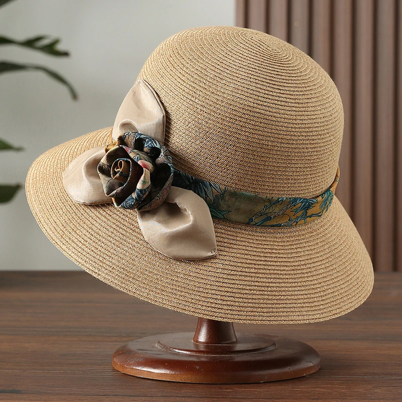 大蝴蝶结花朵草帽女夏新款时尚大檐遮阳渔夫帽可折叠海边沙滩太阳