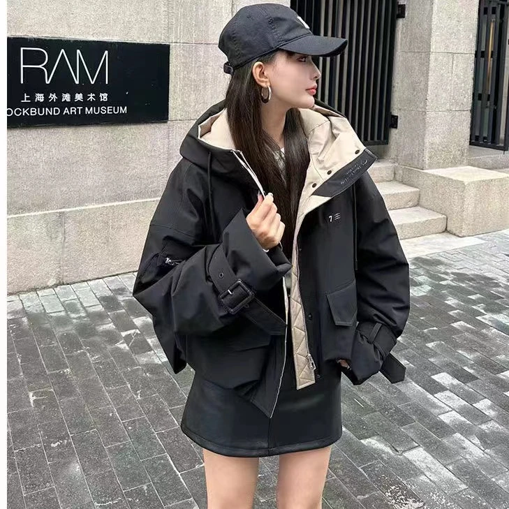 2024冬季新款短款工装韩版宽松休闲棉衣时尚连帽派克服外套棉服女