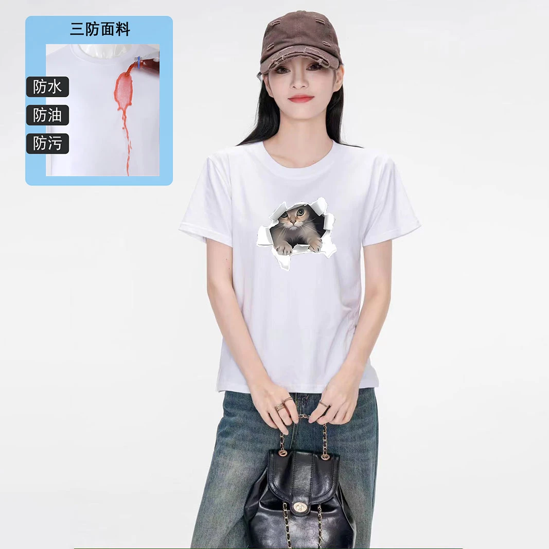 可爱风减龄猫咪印花短袖正肩T恤夏季情侣设计感防水防油防污上衣