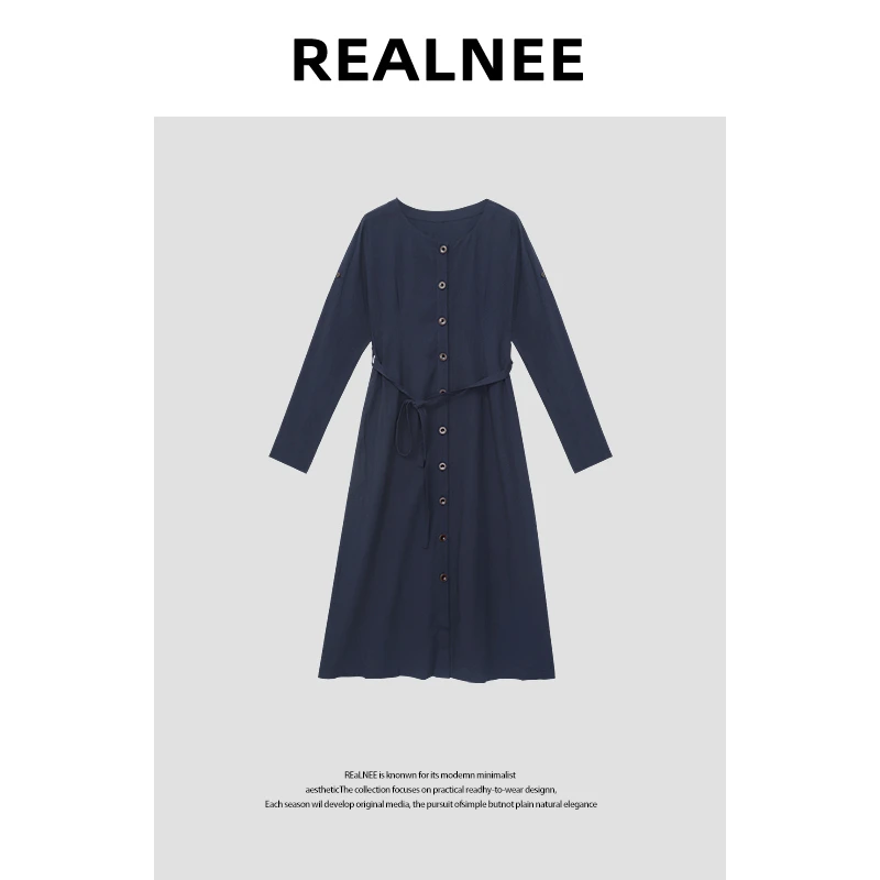 [安禾篍]“亚麻裙”系带慵懒单排扣百搭长袖连衣裙RLMMP4LQ05167