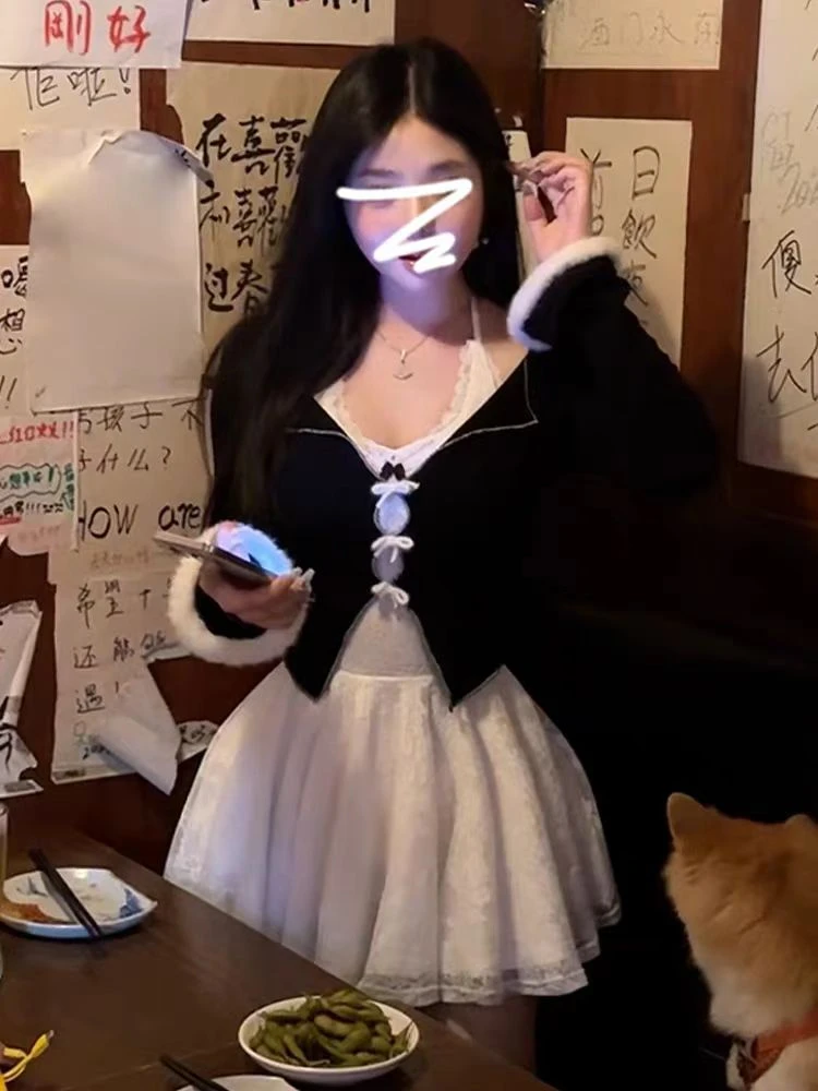 新款法式时尚气质显瘦外衣加短款辣妹吊带连衣裙两件套套装-5253