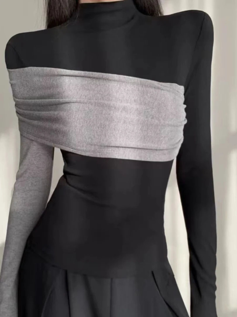 秋冬款法式简约百搭修身撞色显瘦高领打底衫-28758