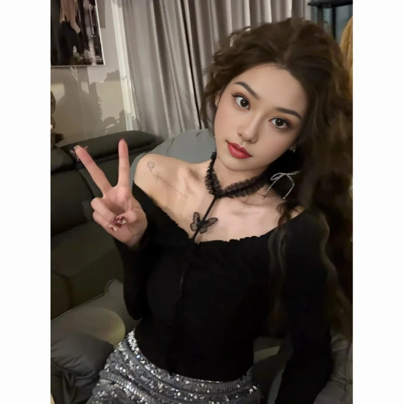 纯欲天花板战神一字肩小上衣女秋冬季微胖高级感露肩挂脖打底衫