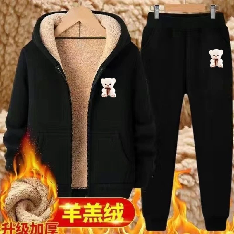 2023秋冬季加绒加厚羊羔绒男士休闲运动男裤卫衣套装保暖冬装外套