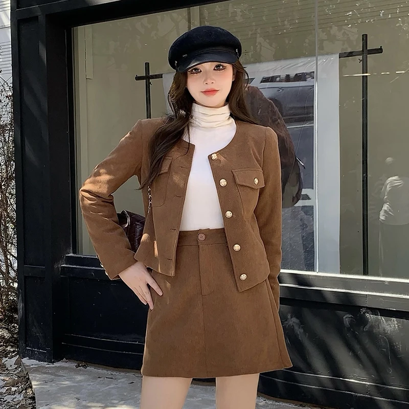 小香风套装女春秋时尚修身短款开衫高腰A字短裙两件套18145