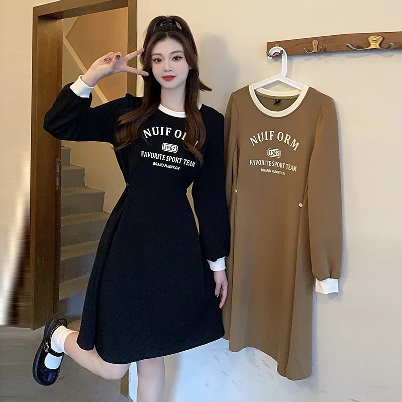 13612（29）春装新款女大码胖mm时尚休闲字母印花收腰显瘦连衣裙