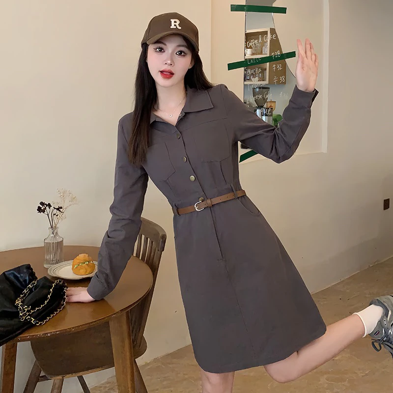 17256（18）短款气质翻领收腰长袖连衣裙复古高腰小个子A字裙