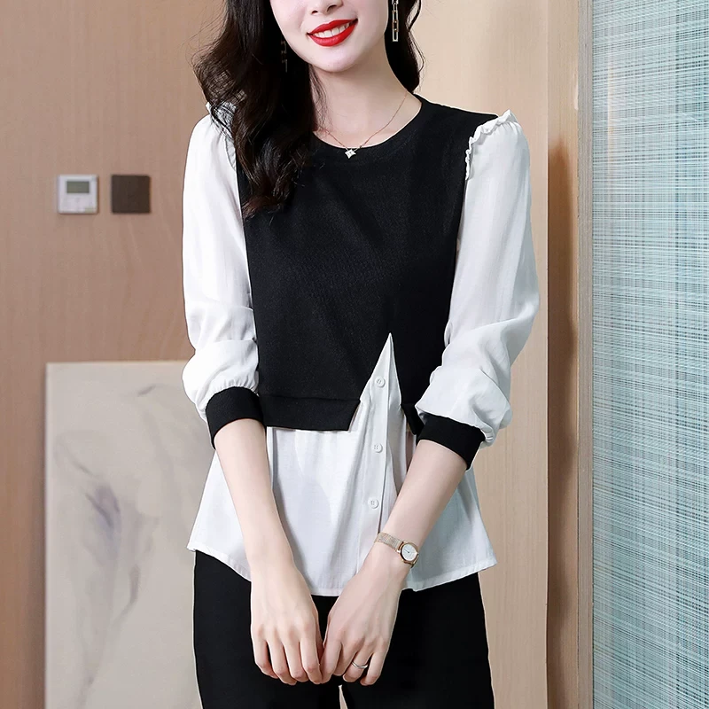 1255假两件衬衫女长袖春秋新款撞色气质打底衫圆领遮肚子套头上衣