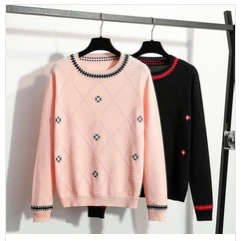 116039拼色圆领长袖针织衫女时尚百搭绣花减龄秋冬毛衣