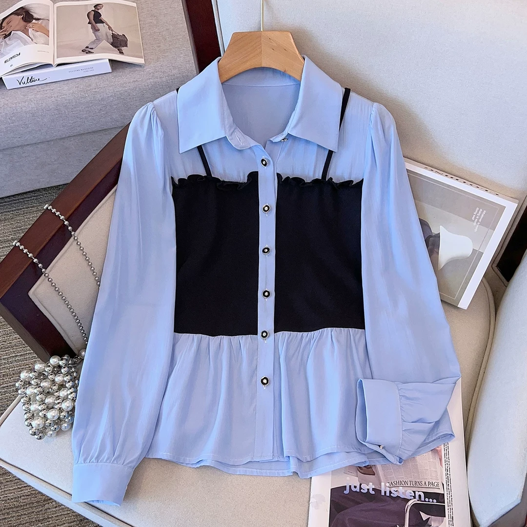 16948接拼假两件长袖衬衫女秋季新款减龄休闲小众衬衣显瘦遮肉