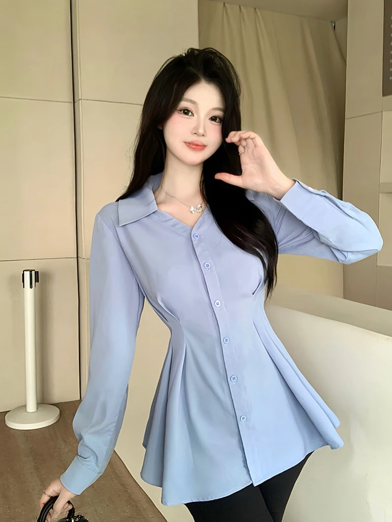 胖mm大码女装时尚气质收腰显瘦设计感长袖衬衫19089（27）