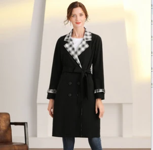 38107常规厚款中长款女风衣秋冬皮衣撞色女装英伦毛呢收腰拼接