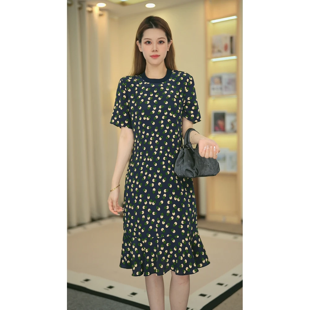 藏青底波点法式桑蚕丝夏季连衣裙女圆领波点气质中长裙2023-061