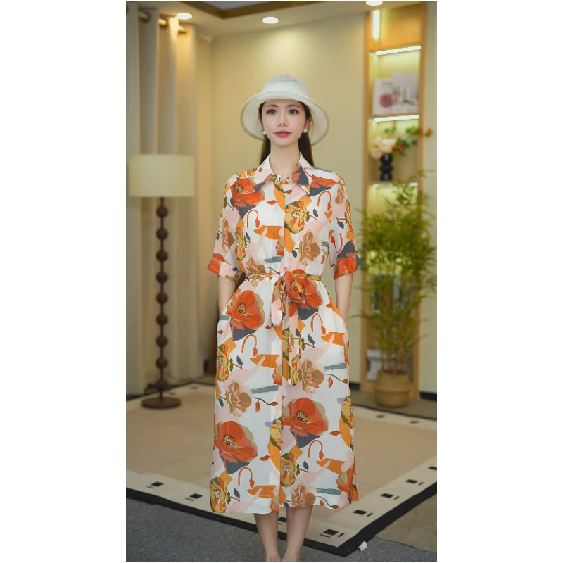 2024年新款100%桑蚕丝女士连衣裙桔橙气质印花长袖24110