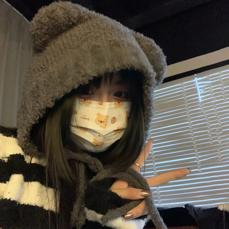 可爱小熊帽子女秋冬季新款2023百搭爆款毛线帽灰色护耳保暖针织帽