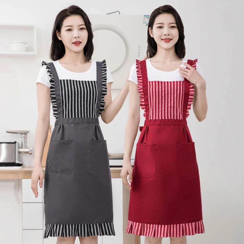 韩版纯棉花边家用围裙厨房做饭女时尚无袖大人围腰透气防污工作服