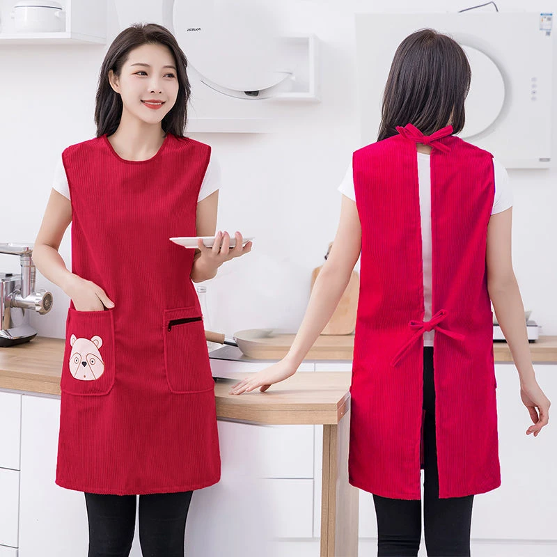 高档灯芯绒围裙无袖条绒罩衣外穿防水防油家务厨房工作服舒适柔软