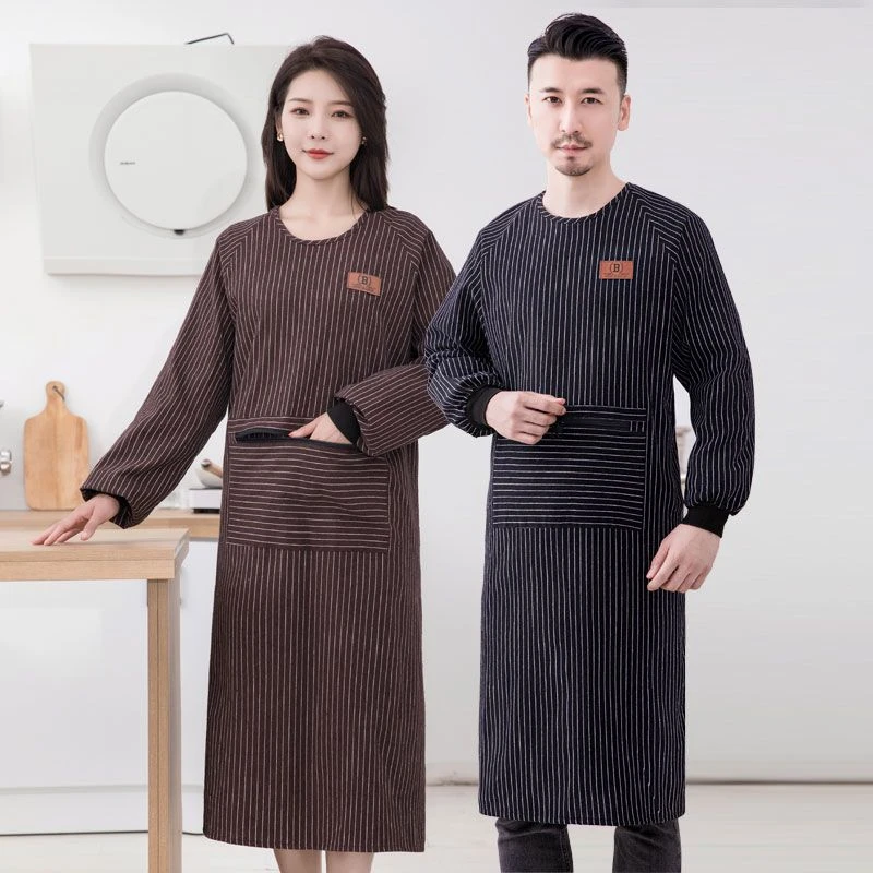 加长加肥纯棉长袖围裙家用厨房反穿衣简约防污男女罩衣耐脏工作服