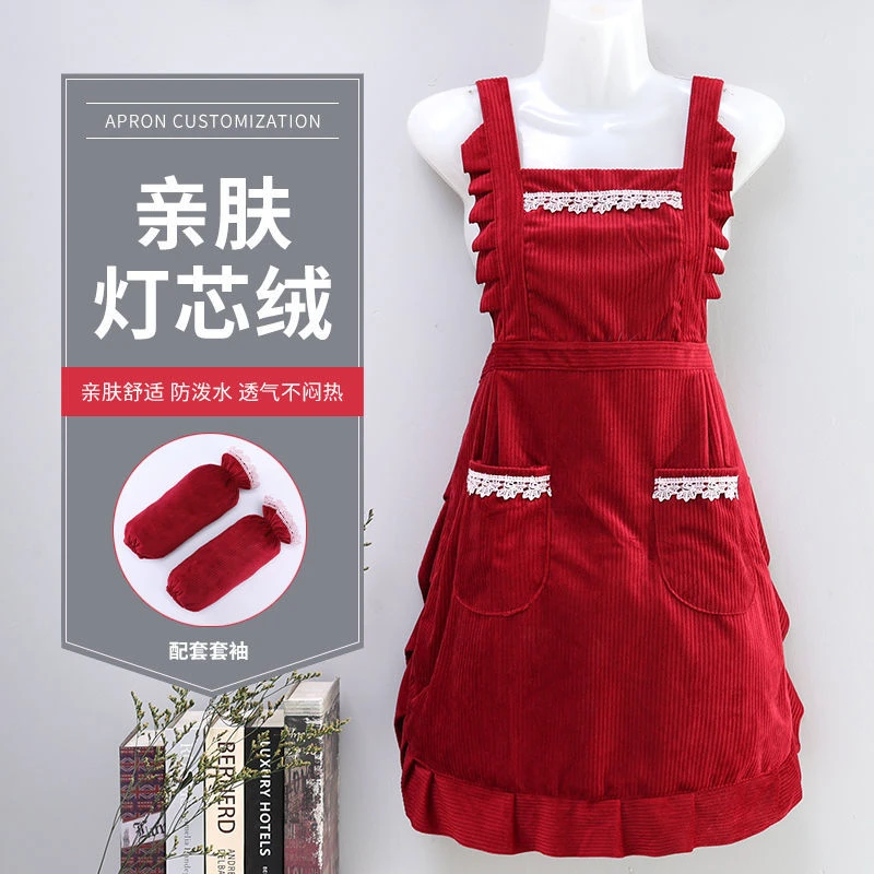 新款灯芯绒围裙女可爱洋气家用做饭透气防油韩版公主裙成人工作服