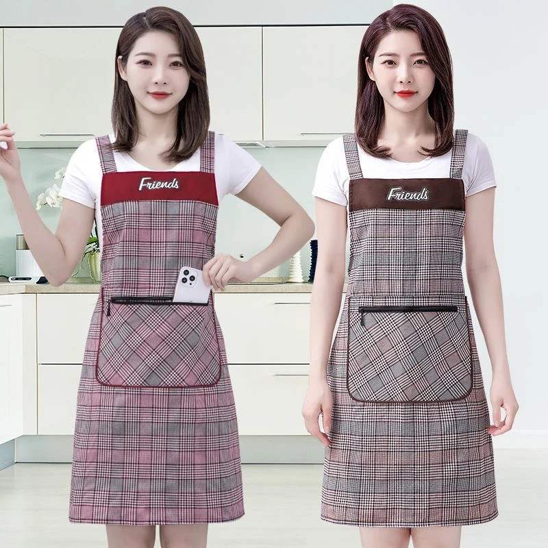 西服格棉布围裙女厨房做饭家用拉链口袋背带式耐磨上班工作服