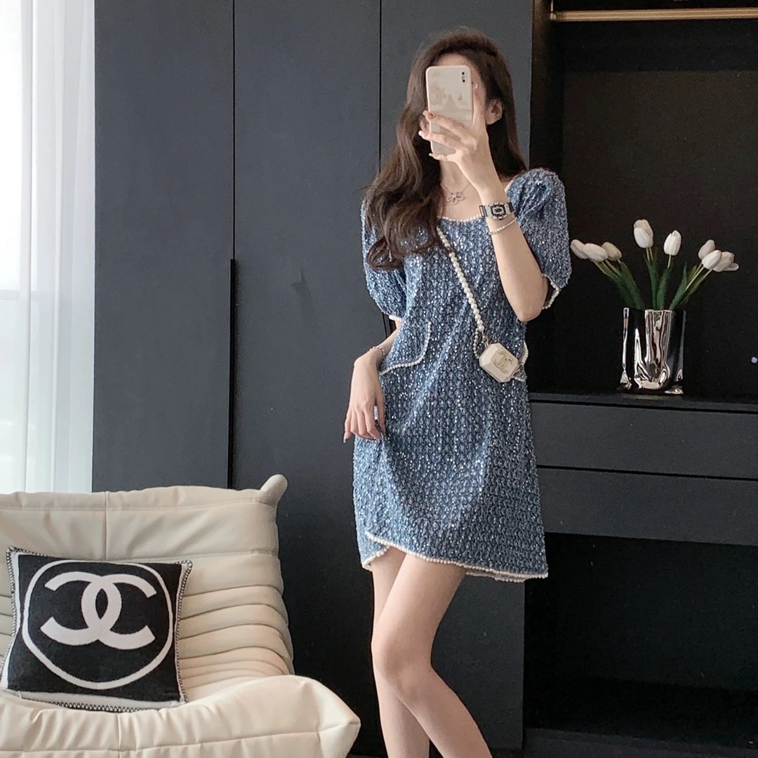 高级厚实重工手工钉珠闪亮片连衣裙女夏秋设计感高贵上档次短裙子