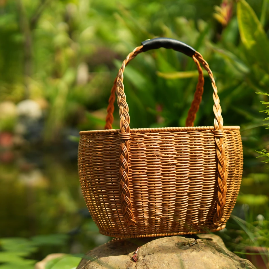 2023新品辫子手工手提篮精致户外购物篮买菜双手提户外摘果篮藤编