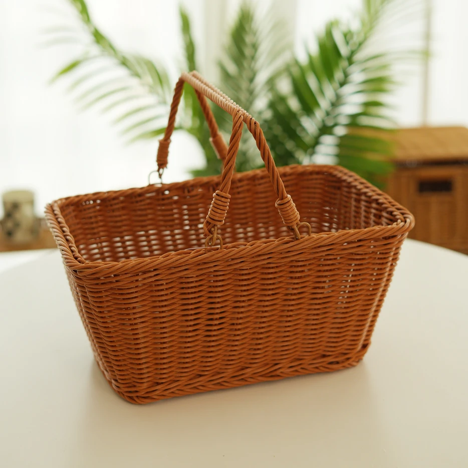 仿藤编田园茶色方形手提野餐篮果蔬花篮加固纯手工编织户外小花篮