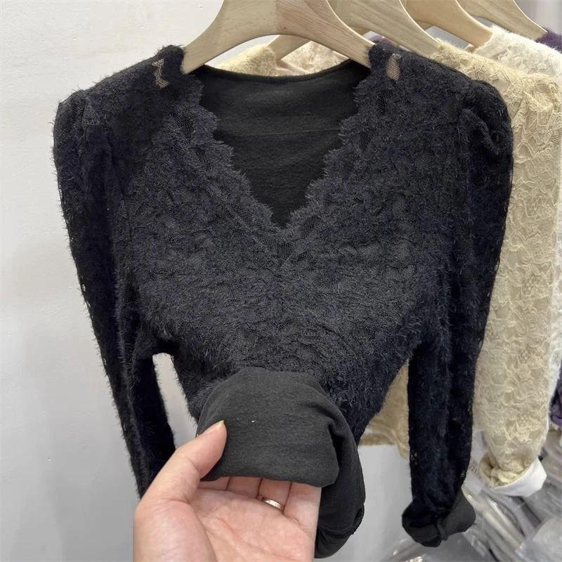 大码加厚磨毛加绒蕾丝显瘦性感V领洋气打底上衣