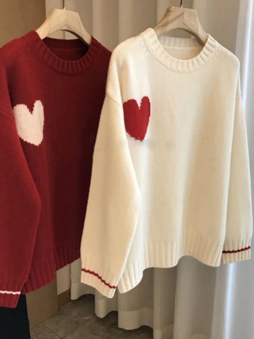 秋冬新款套头大牌范大码胖mm宽松爱心慵懒毛衣