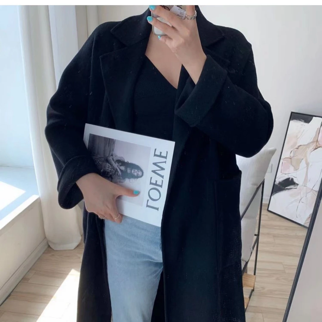 2024冬季新款胖mm显瘦系腰气质双面长款大衣外套