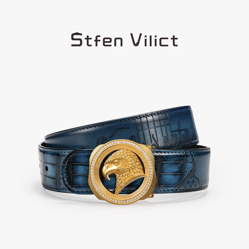 威廉史蒂芬皮带男士牛皮拼接鳄鱼皮手工擦色激光雕刻鹰头钢扣时尚