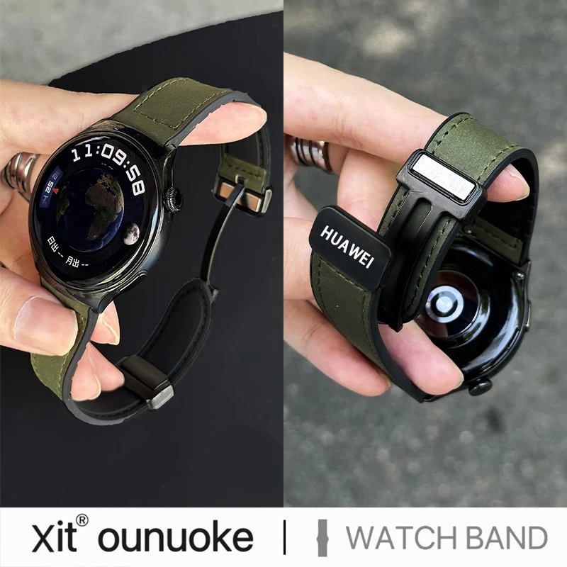 适用华为GT4表带疯马皮贴硅胶watch4pro折叠磁吸扣GT3pro智能腕带