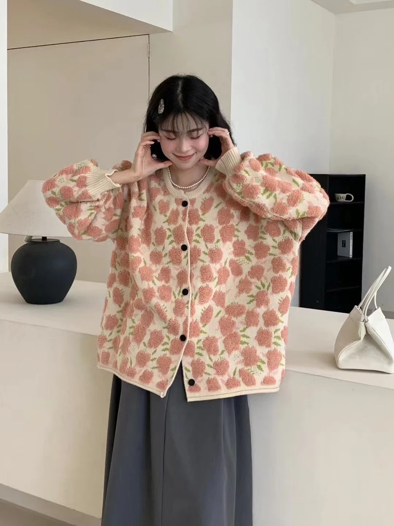 ANLAN秋冬季女式大版针织毛衣森系开衫百搭韩版慵懒风甜美减龄