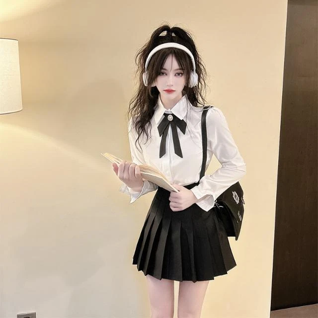 英伦学院风JK校服套装女春季职业装白色长袖雪纺衬衣百褶裙工作服