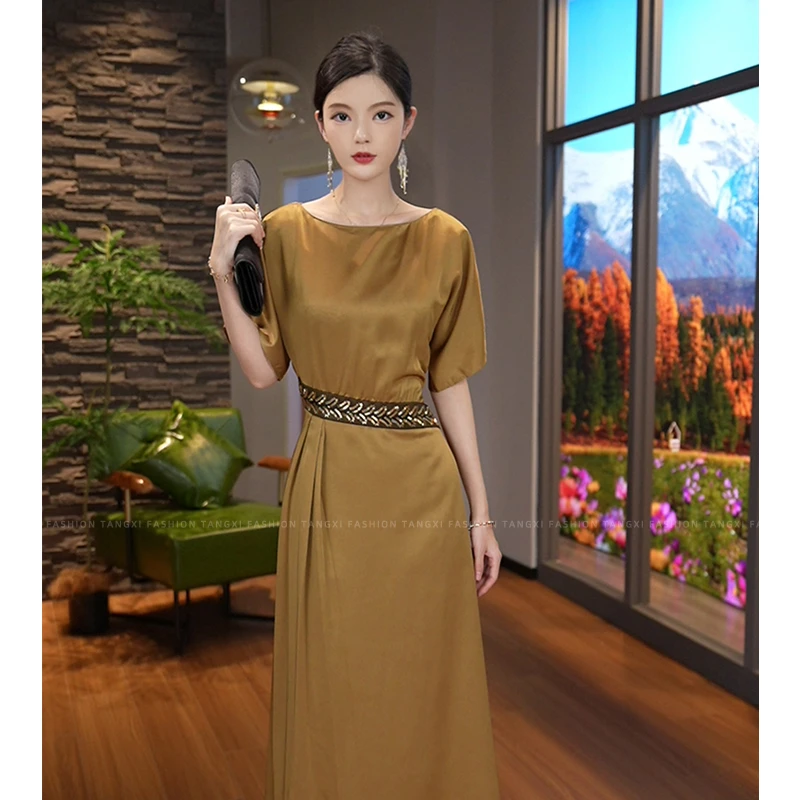 唐熹现货2025夏季新款【5230】气质圆领小众收腰百搭中长宴会连衣裙