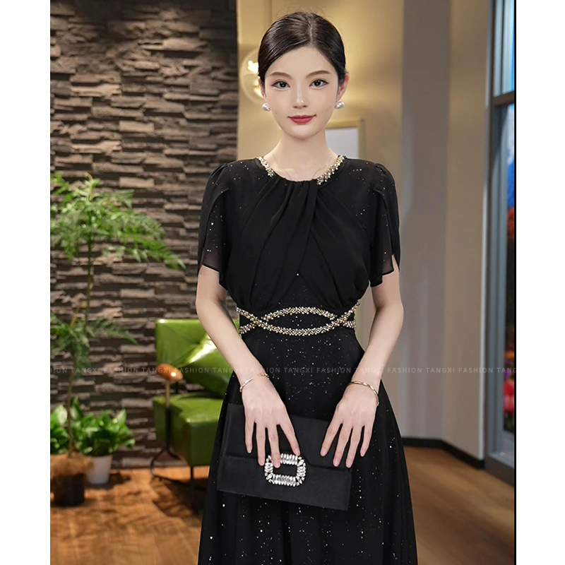 唐熹2025夏季新款【Q24-X402】法式高级感气质圆领黑色连衣裙子