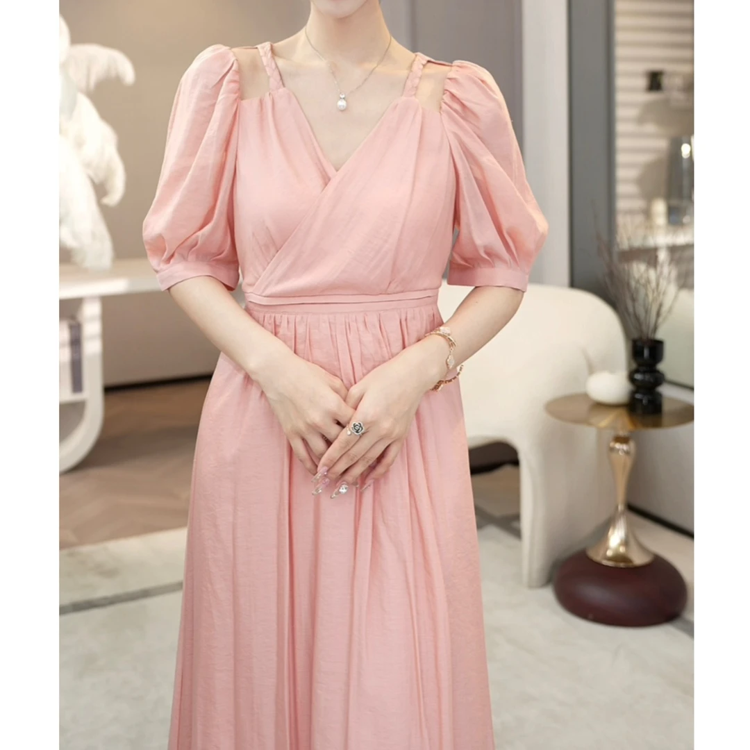 现货2025夏季新款【1244】法式小众设计显瘦显白粉色纯色连衣裙