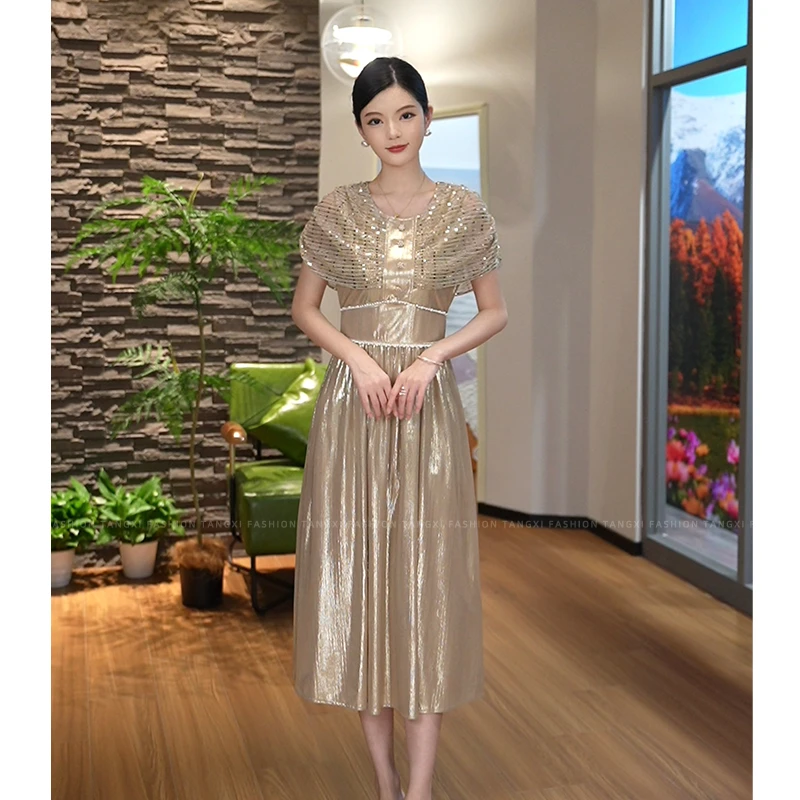 唐熹预售2025夏季新款【DD-6203】时尚香槟色气质法式连衣裙子女士