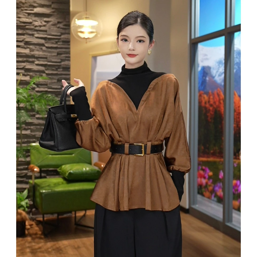 2025秋冬新款【H24-Q191】气质时尚设计假两件带腰带衬衫上衣女