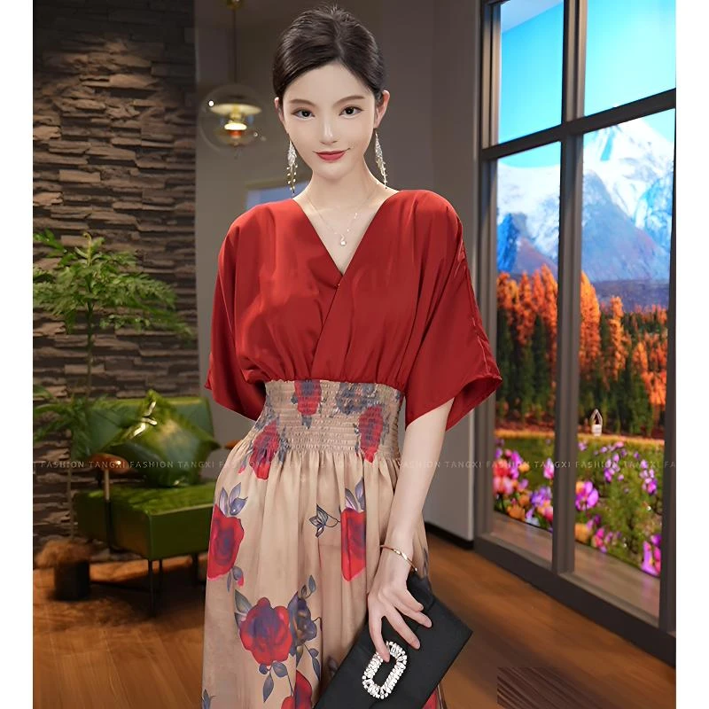 唐熹现货2025夏季新款【4660】高级感茶歇裙轻奢拼接收腰连衣裙子女