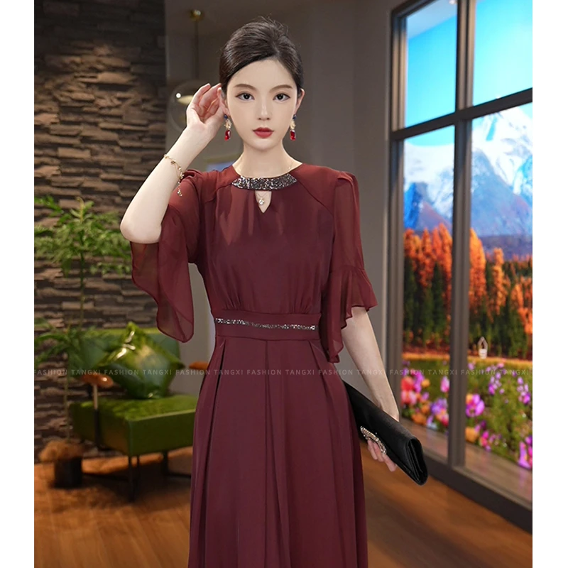 唐熹现货2025夏季新款【LT24-X358】法式气质轻奢时尚酒红色连衣裙