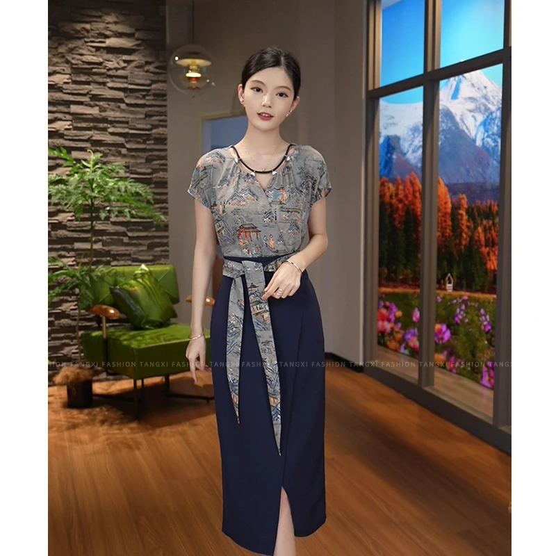 唐熹现货2025夏季新款【ZM24-X531】气质高级感蓝色拼接收腰连衣裙