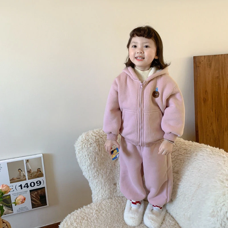 女童秋冬卫衣套装加绒加厚羊驼绒2024新款女宝宝秋冬加厚连帽卫衣