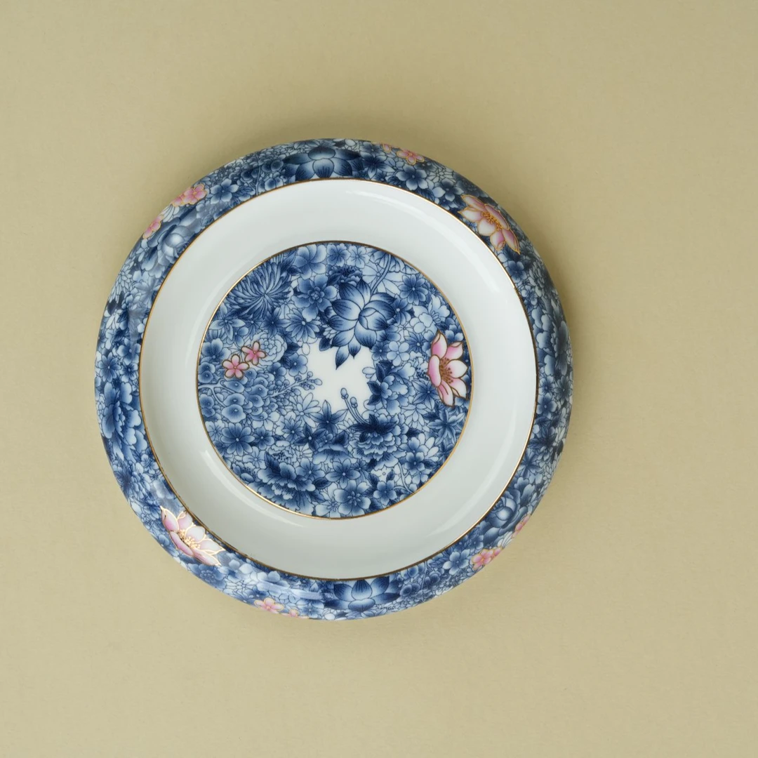 万花青瓷壶承家用陶瓷釉下彩中式圆形茶托储水壶承陶瓷壶托壶承盘