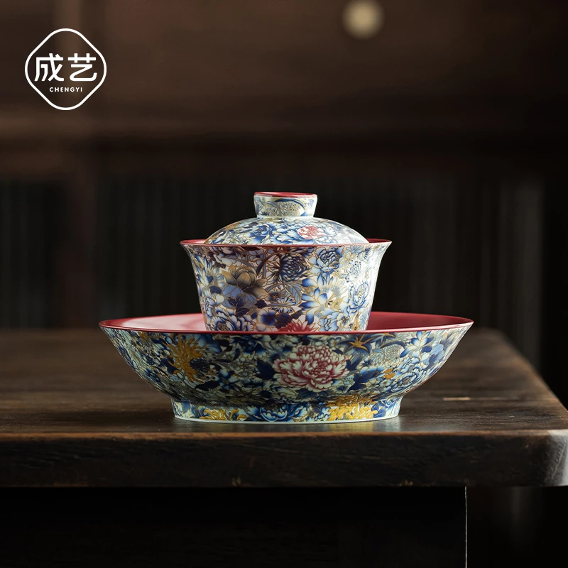 万花盖碗茶具三才盖碗高档个人专用青花瓷盖碗泡茶喝茶大号盖碗商品图