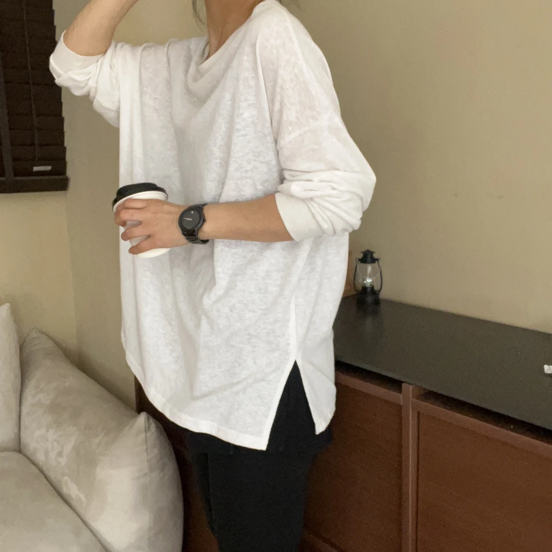 雪花棉圆领长袖白色时尚休闲百搭夏季宽松纯色显瘦薄款设计感-T04