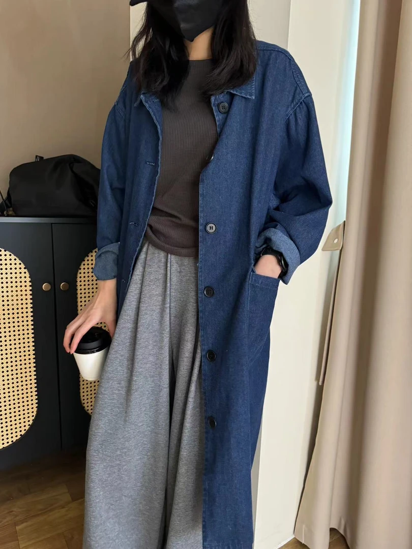 日式春秋复古中长款牛仔风衣显瘦蓝色时尚休闲外出新款外套24091
